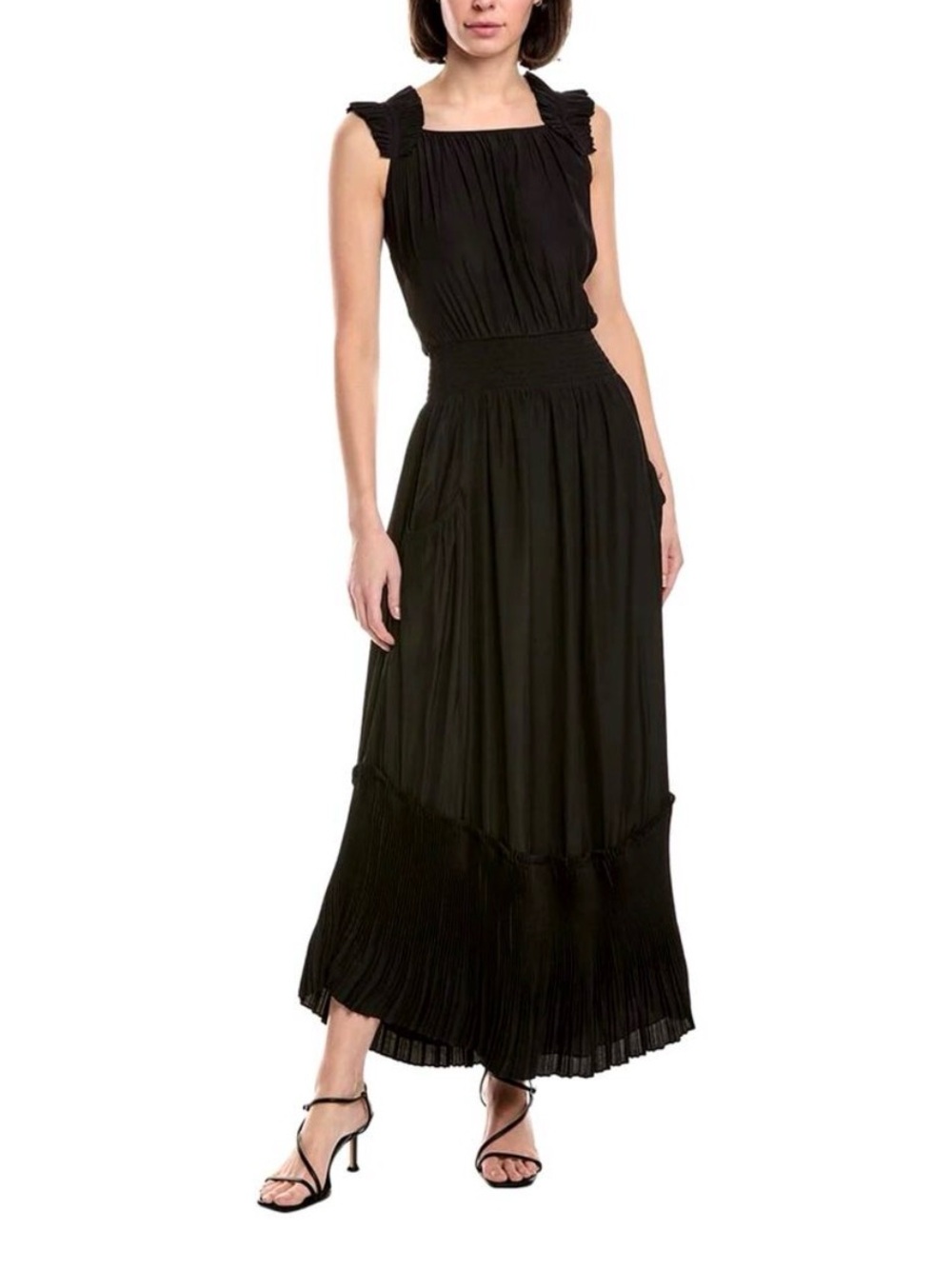 Ramy Brook Baylor black Maxi Dress Pleated Ruffle Size M NWT!